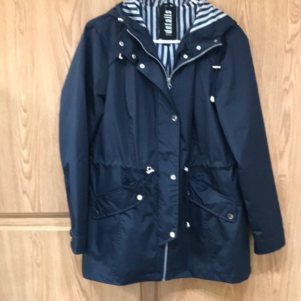 Nautical Blue Rain Jacket with Hood and Mid-Length Design.